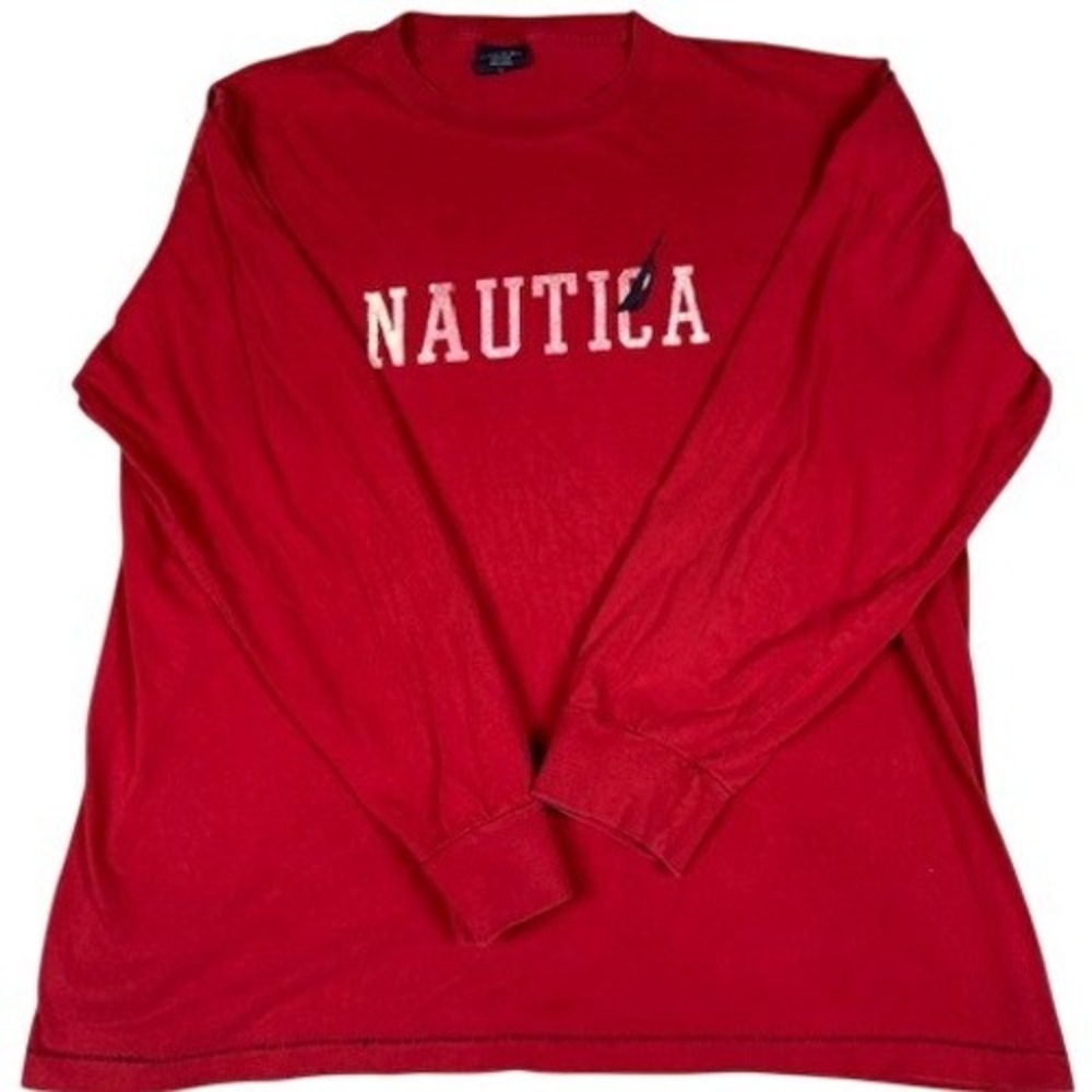 Nautica T-Shirt Mens L‎ Red Long Sleeve Logo Graphic Crewneck Cotton 703
